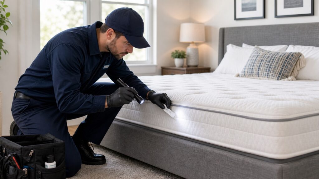 Bed bug treatment technician inspecting mattress seams in a Barrie bedroom