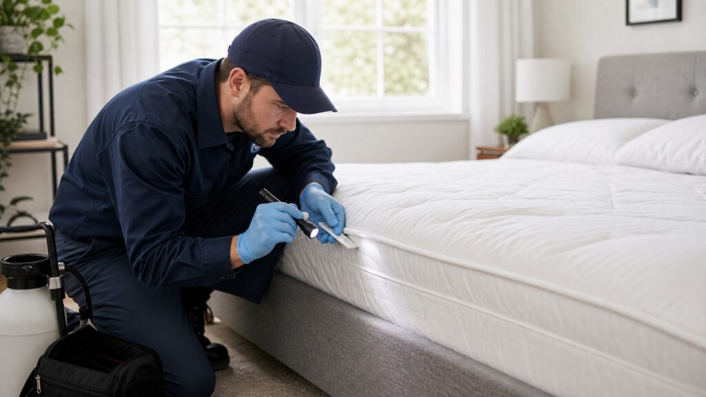 Bed bug treatment technician inspecting mattress seams in a Collingwood bedroom