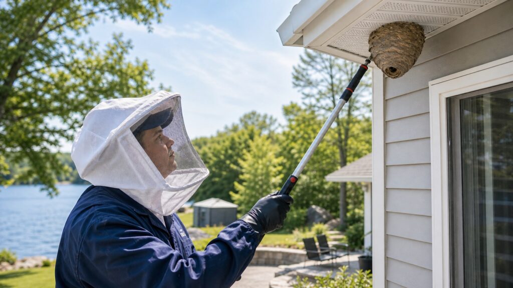Pest control technician inspecting a wasp nest under the eaves of a Barrie home
