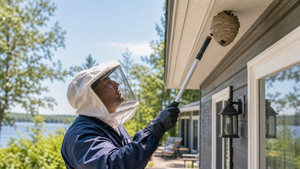 Pest control technician inspecting a wasp nest near the eaves of a Collingwood home